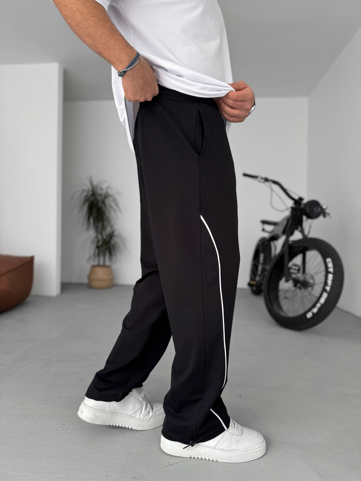 Men's Black Track Pants with Side Stripe