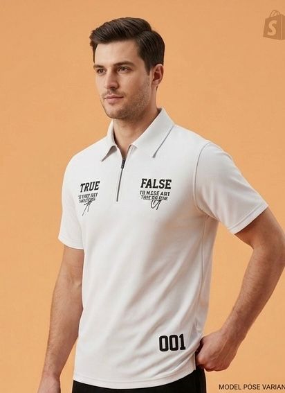 Cotton Jersey Half Zip Shirt | True & False Graphic Print | White