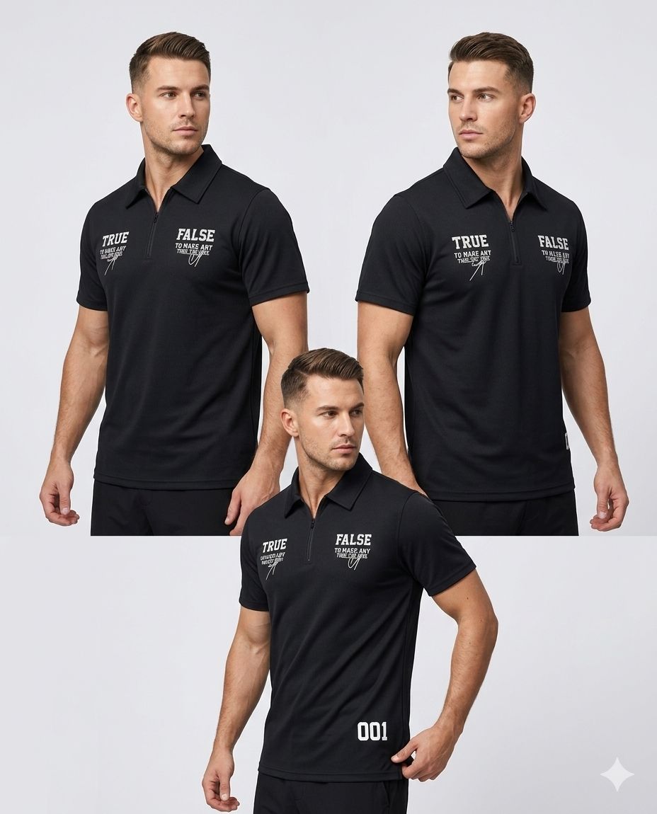 Cotton Jersey Half-Zip Shirt – Black | True & False Graphic Print