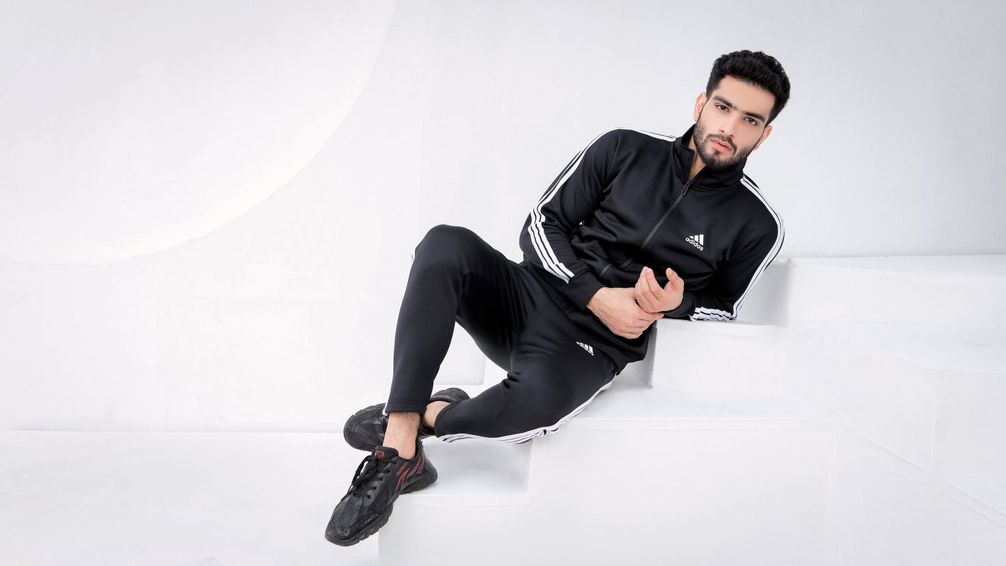 Premium Black Winter Tracksuit with Stripes