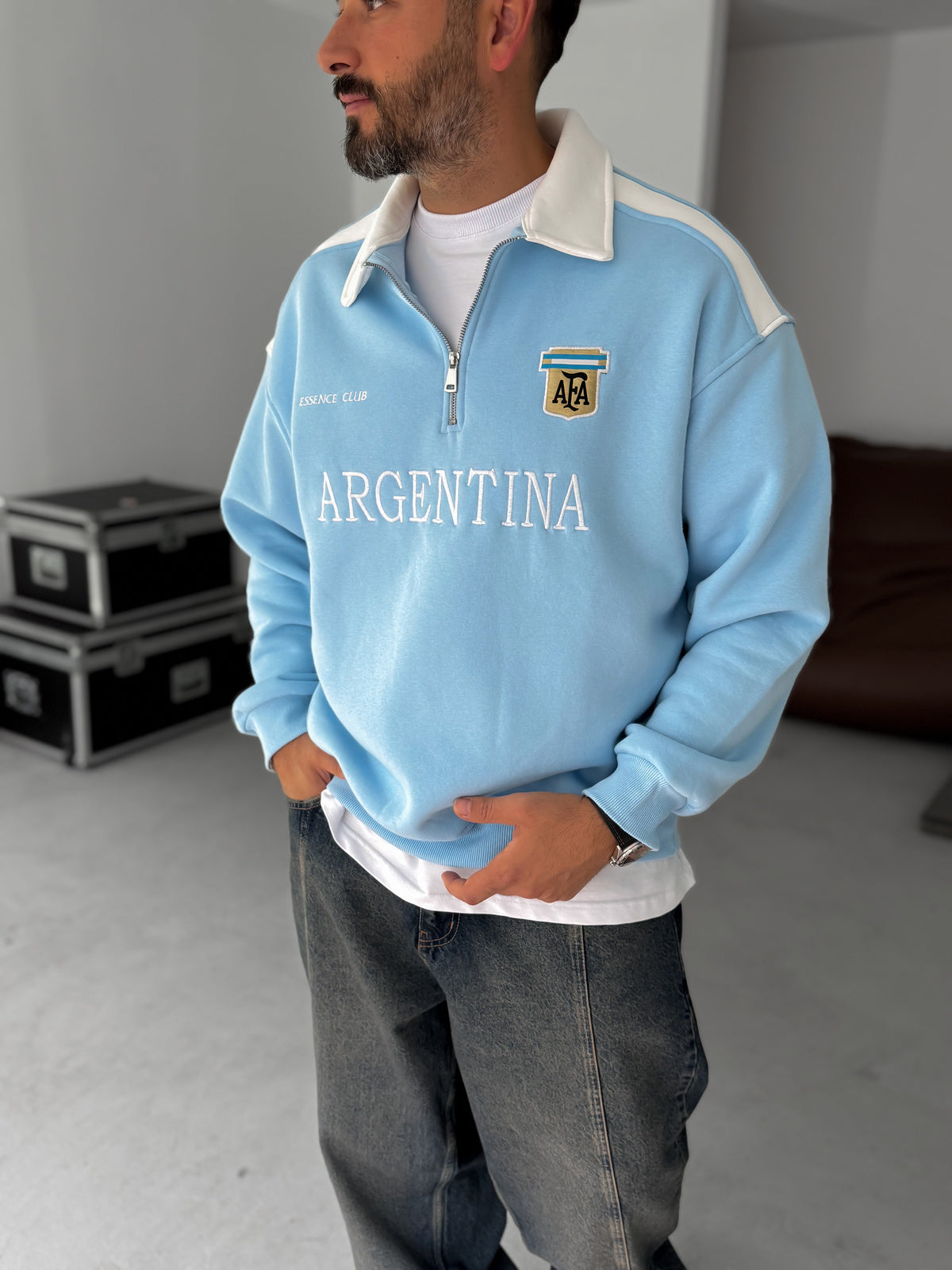 Oversized Sky Blue Cotton Fleece Sweatshirt with White Shoulder Panels