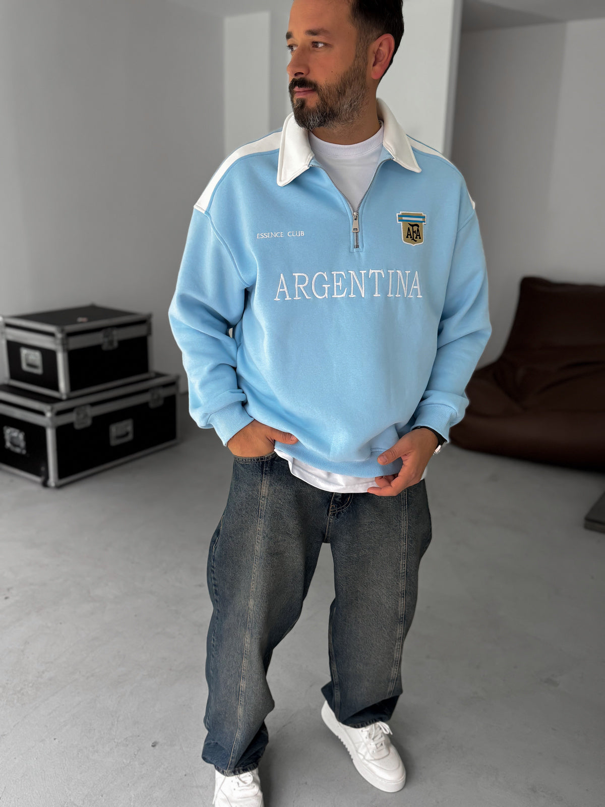 Oversized Sky Blue Cotton Fleece Sweatshirt with White Shoulder Panels