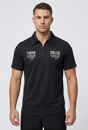 Cotton Jersey Half-Zip Shirt – Black | True & False Graphic Print