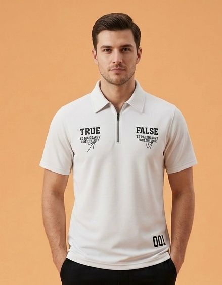 Cotton Jersey Half Zip Shirt | True & False Graphic Print | White